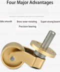 Heavy Duty Brass Roller Casters Set Of 4 With Seamless 360 Degree Swivel Rolling Base optimized for quick furniture moves, showcasing brass wheel and strong bearing.