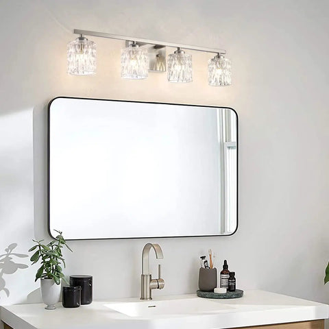 4 Light Modern Crystal Glass Bathroom Vanity Light Fixture Over Mirror In Brushed Nickel Finish G9 Bulb Excluded Wall Sconce