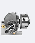 Solid Six Inch Universal Indexing Head For Milling Machines Featuring Heavy Duty Three Jaw Chuck And Cnc Rotary Axis Tailstock Kit side view.