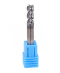 Solid carbide end mill, front view, 4-flute, AlTiN-coated, 6mm diameter, blue plastic holder