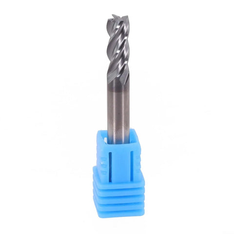 Solid carbide end mill, front view, 4-flute, AlTiN-coated, 6mm diameter, blue plastic holder
