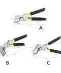 Sheet Metal Bending Pliers Hand Seamer With Wide Jaw 80mm Elbow 80mm And Straight 150mm displayed in three views
