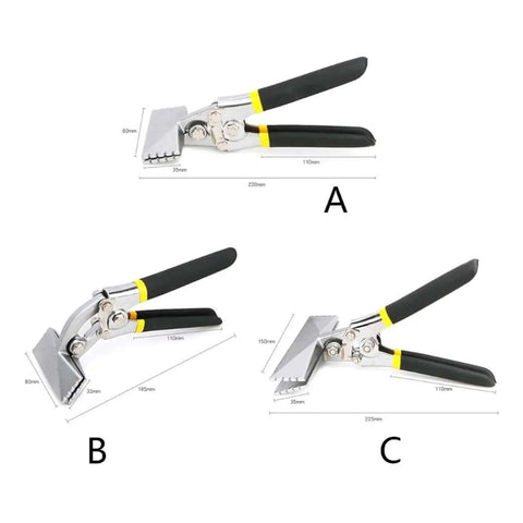 Sheet Metal Bending Pliers Hand Seamer With Wide Jaw 80mm Elbow 80mm And Straight 150mm displayed in three views