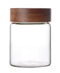 Slick High Borosilicate Glass Storage Jars With Acacia Wood Lids, clear jar with wooden lid for kitchen pantry use.