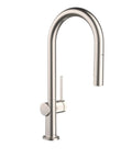 hansgrohe Talis N Pull Down Kitchen Faucet, Modern, Magnetic Hand Sprayer, 1-Handle, 1.75 GPM, Stainless Steel Optic, 72865801 on white background.