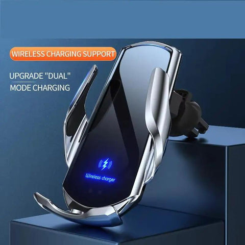 Legit Wireless Car Charger With Smart Infrared Auto Clamp And Heavy Duty Mag Discs For Chevy Volt Bolt Euv Blazer Ev Air Vent Mount showing a sleek device with a blue charging light.