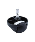 Front wheel caster assembly for Roomba vacuum, black plastic housing with white wheel and metal stem