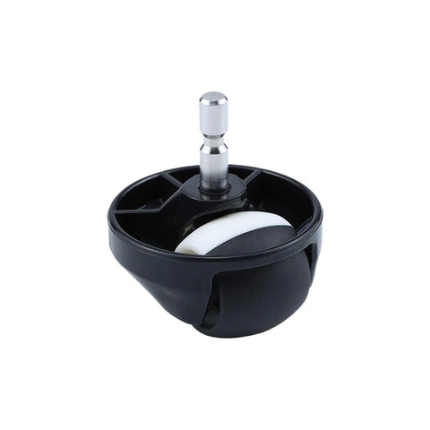 Front wheel caster assembly for Roomba vacuum, black plastic housing with white wheel and metal stem