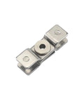 Stainless steel damping torque hinge with mounting plates; close-up view.