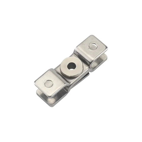 Stainless steel damping torque hinge with mounting plates; close-up view.