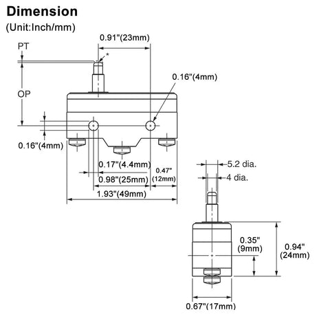 Technical drawing of General Purpose Micro Switch With Slim Spring Plunger And Screw Terminals, dimensions in mm and inches.