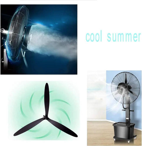 Heavy Duty Oscillating Misting Fan With Massive 42 Liter Water Tank And Seven Fifty Millimeter Height Adjustable Stand cooling space indoors.