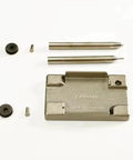 Heavy Duty 5 Piece Lighter Repair Kit With Dual Steel Wheels Knockout Rivet Removal And Flange Setting Punches showing steel tools and repair base.