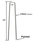 Diagram of 100 Pack 12 Inch Garden Stakes Pins Heavy Duty Landscape Staples showing dimensions and pointed ends for ground anchoring.