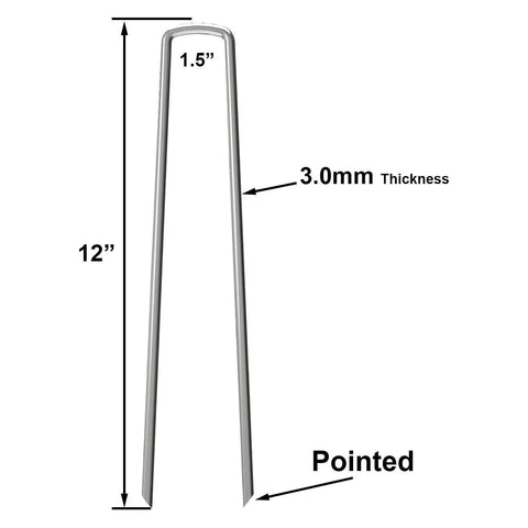 Diagram of 100 Pack 12 Inch Garden Stakes Pins Heavy Duty Landscape Staples showing dimensions and pointed ends for ground anchoring.