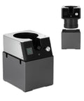 Automatic Stainless Steel Portafilter Cleaner And Espresso Grounds Disposal Tool Featuring Lightning Fast Three Second Puck Ejection Swappable Brush Heads Built Tight For Serious Home Or Mobile Bars 220V shown from side angle with control panel.