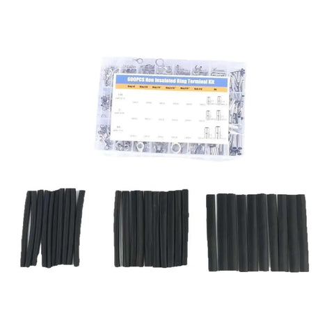 600 Pack Non Insulated Ring Terminals Kit AWG 10 To 22 For Car Truck Marine Projects Heavy Duty Bulk Electrical Wire Connectors showing assorted black heat shrink sleeves