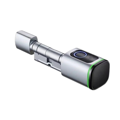 Adjustable Cylinder Smart Lock Hits Different With BLE Fingerprint And IC Card Access showing sleek silver design and keypad.  