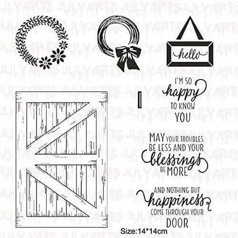 Door Background Clear Stamp and Die Set for Scrapbooking and Card Making image, featuring door and greeting stamps, 14x14cm size.