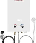 Outdoor Portable Propane Water Heater 2.11 GPM 8L for RV Camping Cabin or Boat with knobs and hose attachments visible