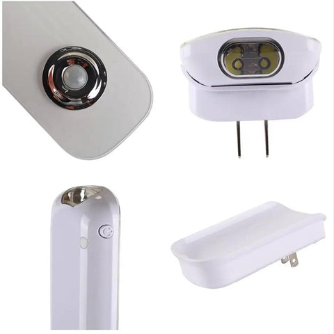 Close-ups of Motion Sensor Plug-In Night Light 2 Pack 3-in-1 Emergency Light showing wall mount, LED torch, and plug.