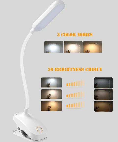 Clip On Desk Lamp With Flexible Gooseneck 7W 2600mAh Battery Operated Rechargeable Reading Light Stepless Dimming Clamp Or Stand