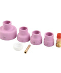 Cool Welder Upgrade Kit: 7Pc Stubby Gas Lens Ceramic Cup Set For WP-17/18/26 TIG Torch with various sized cups and collet.