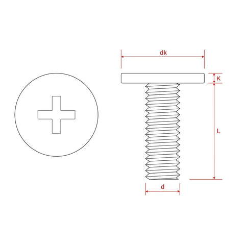 Rock Solid M2.5 X 6mm Cross Recess Wafer Head Machine Screws With A Slick Black Plated Finish, technical drawing with dimensions.