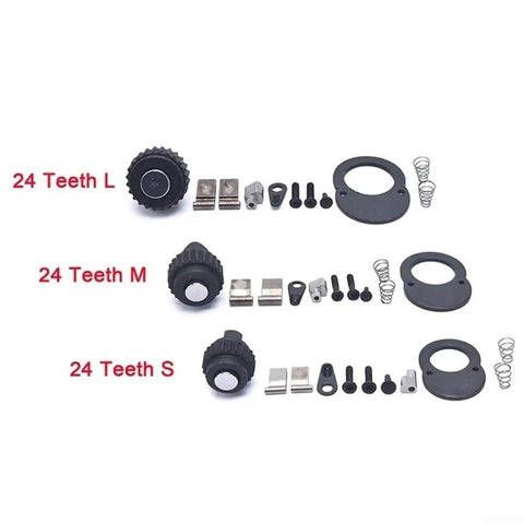 24 Tooth Ratchet Wrench Repair Kit For 1/4, 3/8, And 1/2 Inch Drive Sockets With Chrome Plated Reversible Handle components displayed