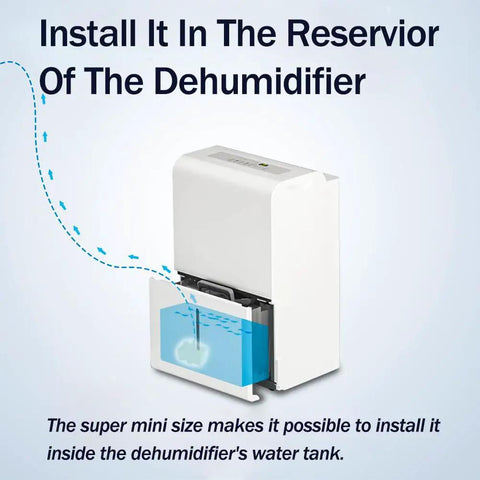 Plug And Play Compact Sump Pump With Water Sensor For Condensate Removal inside dehumidifier reservoir illustration