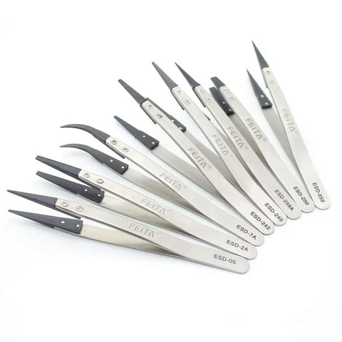 Pro Grade Anti Static Precision Tweezer Set With Replaceable Fiber Tips Stainless Steel ESD Tweezers 8 Piece Kit displayed