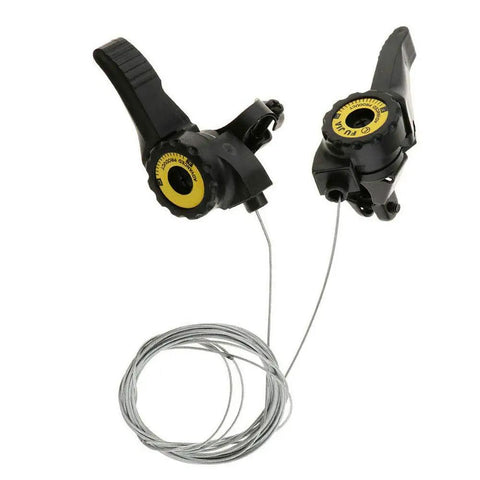 One Pair Universal Bicycle Shifters Thumb Gear Levers 15 18 21 Speed for Mountain Road Folding Bikes, black plastic and metal with cable