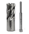 Front view of two cutting tools: OSCARBIDE 3/4 in annular cutter and 3/4 in Weldon shank mag drill bit.