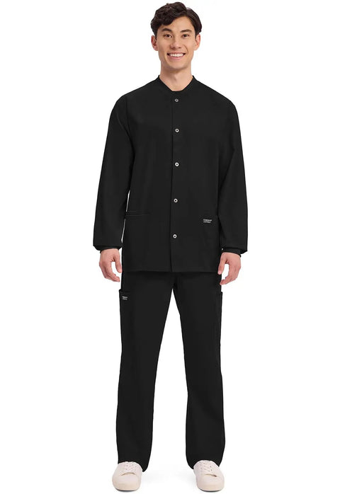 Man wearing Mens Scrub Jacket With Snap Front And Three Pockets Knit Cuffs Fade Resistant Two Way Stretch Fabric Cell Pocket Built For Tough Shifts