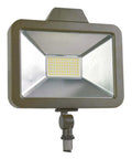 Slick Slim Floodlight Delivering Badass Brightness With Heavy Duty Plug And Play Efficiency Packing 30 Watt Led Light Supporting 120 277 Volts At Cool White 4000K Boasting A Smooth Bronze Exterior Clear Glass Lens For Broad Lighting. Image of a 30W LED floodlight with bronze housing and clear lens.
