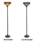 Tiffany Torchiere Floor Lamp With Stained Glass Shade, 70 Inch Tall Antique Style, illuminated and non-illuminated view.