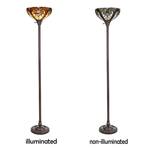 Tiffany Torchiere Floor Lamp With Stained Glass Shade, 70 Inch Tall Antique Style, illuminated and non-illuminated view.