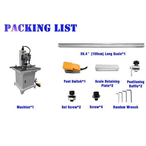 Banfluxion 110V hinge drilling machine with 39.4-inch scale and packing items: foot switch, plates, baffles, screws.
