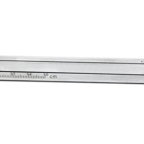 Close-up of Dial Calipers 15 cm With 0.02 mm Accuracy Stainless Steel Vernier Caliper showing metric scale on metal ruler.