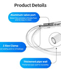 Product details of 4 Pack Brake Bleeder Hose Kit With One Way Valve For Motorcycle Car Truck ATV And Clutch Bleeding Tool Aluminum Valve Silicone Hoses Spring Clips And Fluid Bleeder Tubes, showing aluminum valve port, two size clamp, and thickened pipe wall.