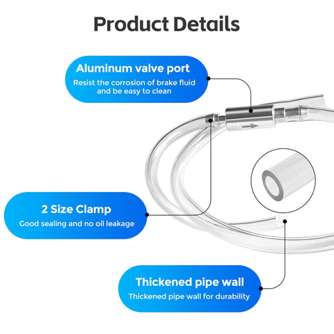 Product details of 4 Pack Brake Bleeder Hose Kit With One Way Valve For Motorcycle Car Truck ATV And Clutch Bleeding Tool Aluminum Valve Silicone Hoses Spring Clips And Fluid Bleeder Tubes, showing aluminum valve port, two size clamp, and thickened pipe wall.