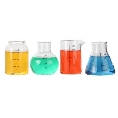 Mini Beaker And Flask Shot Glass Set With Realistic Lab Markings, Perfect Gift For Chemistry And Bio Grads, Nurses And Doctors, Clear 2 To 2 And One Eighth Inches Tall, Pack Of 4 Assorted - colorful liquids