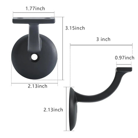 Dimensions of Heavy Duty Hand Rail Bracket Set 6 Pack For Stairs And Banisters, Matte Black Zinc Alloy Wall Mounts.