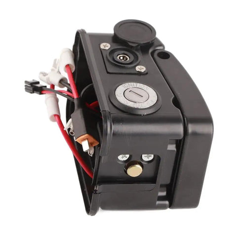 Heavy Duty Electric Bike Lithium Battery Storage Case Compatible With 36 Volt And 48 Volt Packs, features keyed ignition and wire connections.