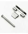 Components of 304 Stainless Steel Concealed Weldable Hinge for Distribution Box Inner Door on white background