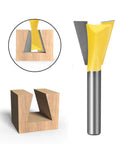 Close-up of Six Size Dovetail Router Bit Set With 1/4 Inch Shank For Cabinets And Drawers, showing blade and cut example.