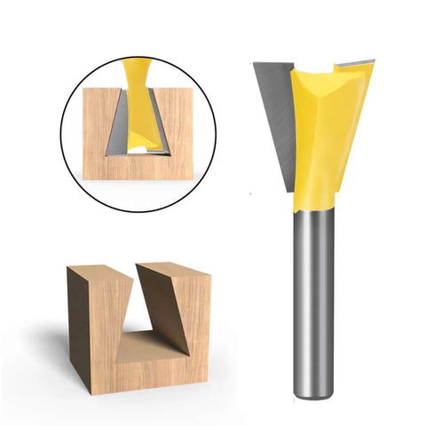 Close-up of Six Size Dovetail Router Bit Set With 1/4 Inch Shank For Cabinets And Drawers, showing blade and cut example.
