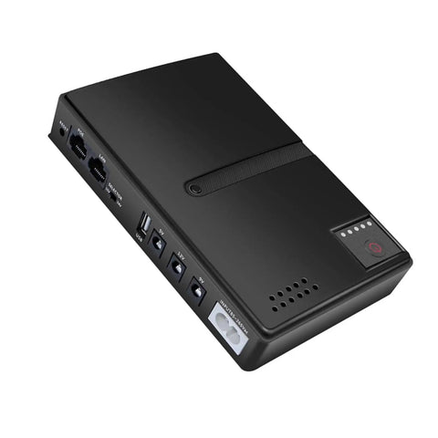 Zero Stress DC UPS Backup Power Supply Providing 18W Multi Output For Routers And Cameras US Plug angled view of compact black device