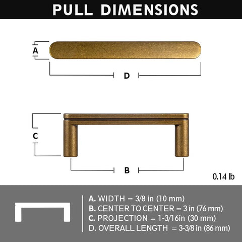 Set Of 6 Cabinet Pulls 3 Inch Center To Center Antique Brass Finish dimensions guide with width, length, and projection details