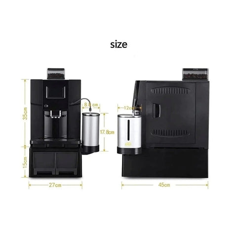 Super Automatic Espresso Machine And Hot Water Dispenser Combo Featuring Easy One Touch Operation Quick 25 Second Extraction No Mess Anti Drip Build side view with dimensions.